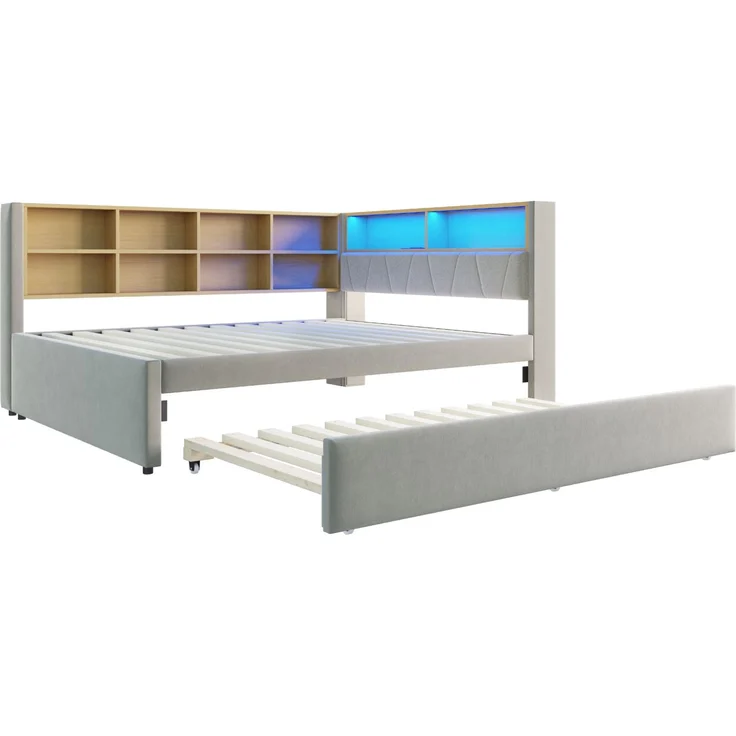 Multifunktionales Schlafsofa 140x200 cm mit Ausziehbett, LED-Leuchten, USB & Typ-C Ladeanschluss, Stauraum,Hellgrau – Bild 9