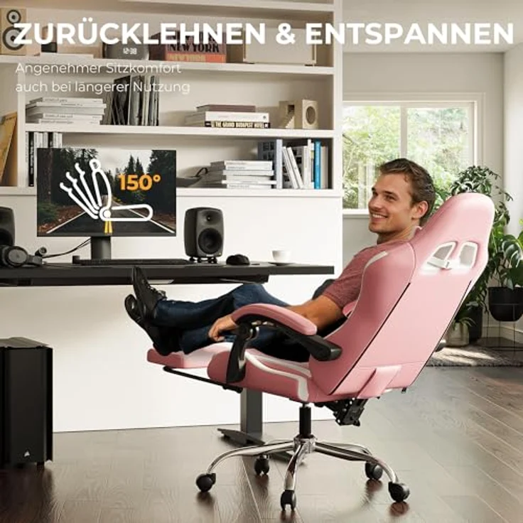 Dowinx Gaming Stuhl, Ergonomischer Gamer Stuhl für Büro und Home Office, Verstellbarer Bürostuhl mit Rückenlehne bis 150°, mit Fußstütze, Belastbar bis 180 kg, Rosa – Bild 5