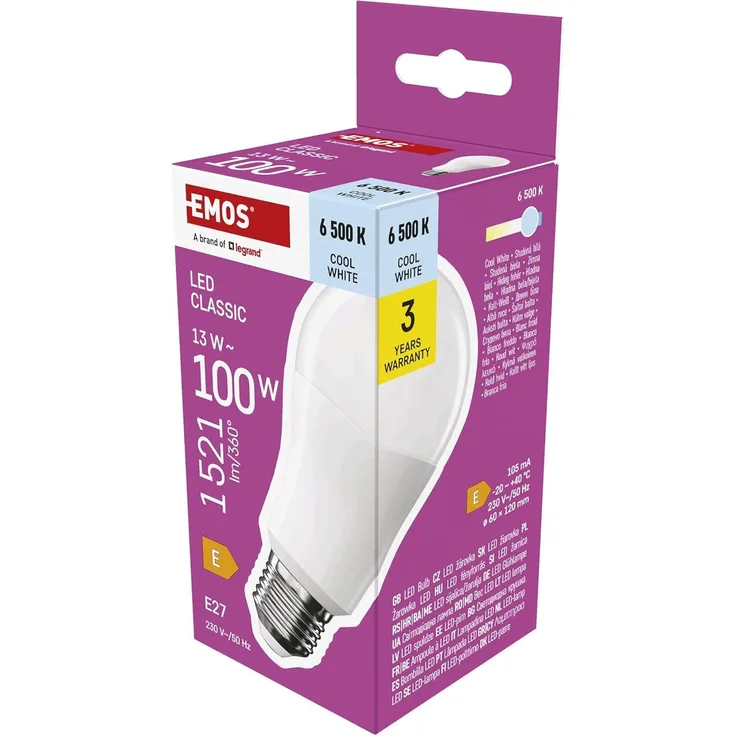 EMOS LED Lampe A60-Birne, 13W Ersatz für 100W Glühbirne, klassische Glühbirne-Form mit E27 Sockel, Helligkeit 1521 lm, Kaltweiß 6500 K, 30000 h Lebensdauer, CRI min. 80, 180° Abstrahlwinkel