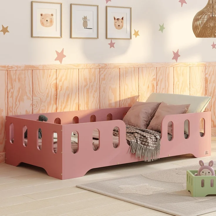smartwood Kinderbett Bodenbett 140x180 mit Rausfallschutz & Lattenrost - Rosa - Kinder Montessori Bett TILA 2 mit glatten Kanten - Betten für schnelle Montage - Bis 300 kg belastbar – Bild 1