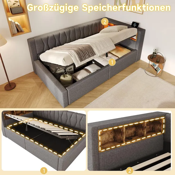 Schlafsofa mit LED-Streifen, Lattenrost, Regal, Rückenlehne, Aufbewahrung, Type-C und USB, 90x200 cm, Polsterbett, Einzelbett, Tagesbett, Leinen – Bild 5