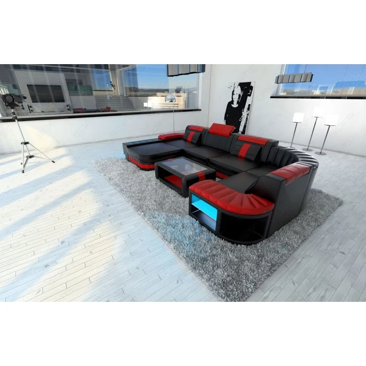 Sofa Dreams - Mini Designer Wohnlandschaft Bellagio Led U-Form - Kunstleder - Schwarz-Rot - Links – Bild 6