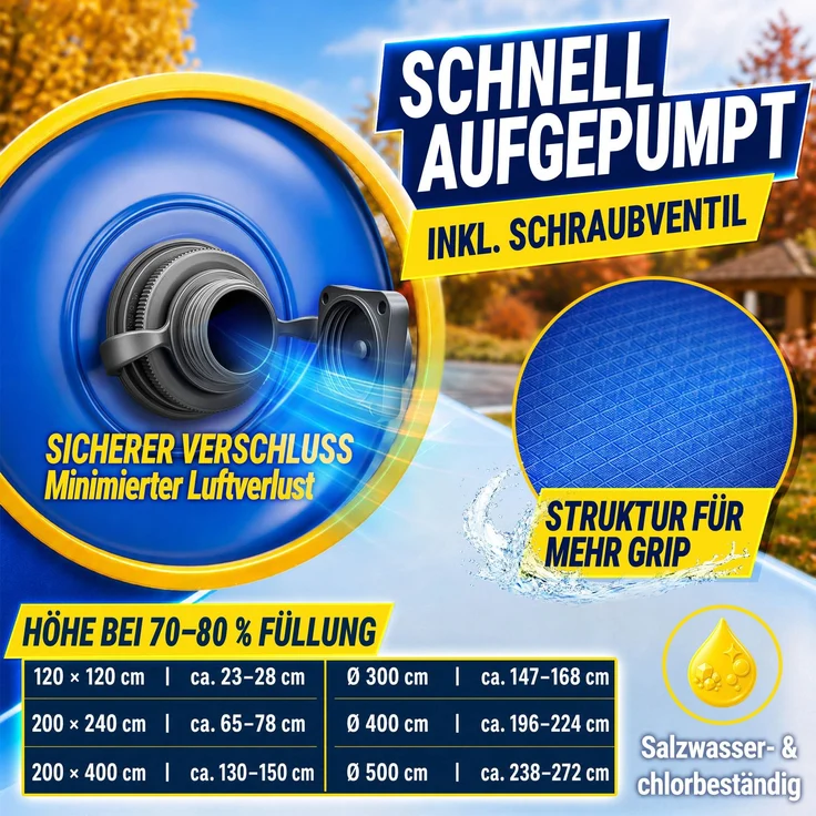 tillvex® Poolkissen Winter 8X XXL 120x120 cm mit 12m Seil & Reparaturkit | Luftkissen zur Poolabdeckung frost- & chlorbeständig bis -20°C | Winterkissen inkl. Schraubventil | Kissen Überwinterung Pool – Bild 5