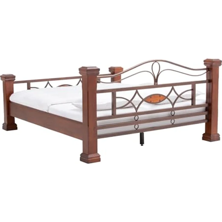 Massives Holzbett 200x200 cm braun rustikal – Doppelbett mit Metallgestell & Holzpfosten – Stabil & stilvoll für gemütliches Schlafzimmer Ambiente – Bild 7
