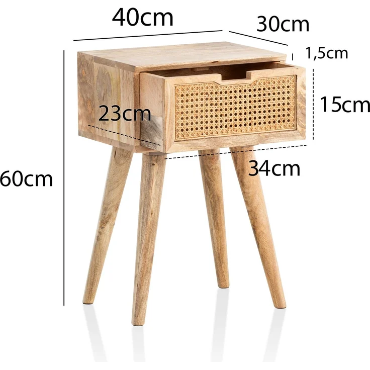 FINEBUY Nachttisch FB98155 (Massivholz / Rattan 40 x 60 x 30 cm Nachtschrank), Nachtkonsole mit Schublade, Nachtkästchen Modern – Bild 3