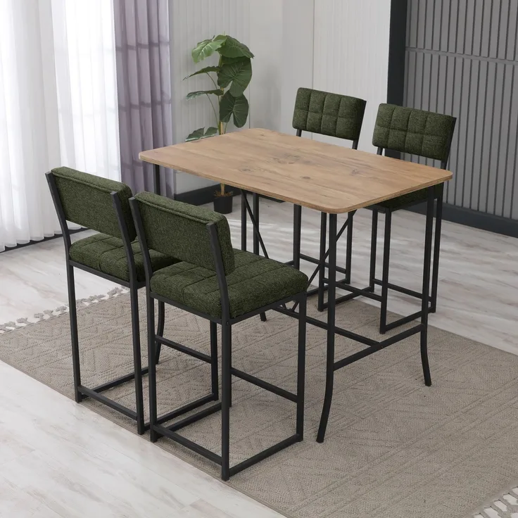 Skye Decor 'Retro - Green, Walnut' Bartisch-Set mit Barhockern (5-teilig), Grün / Walnuss, 110 x 92 x 70 cm