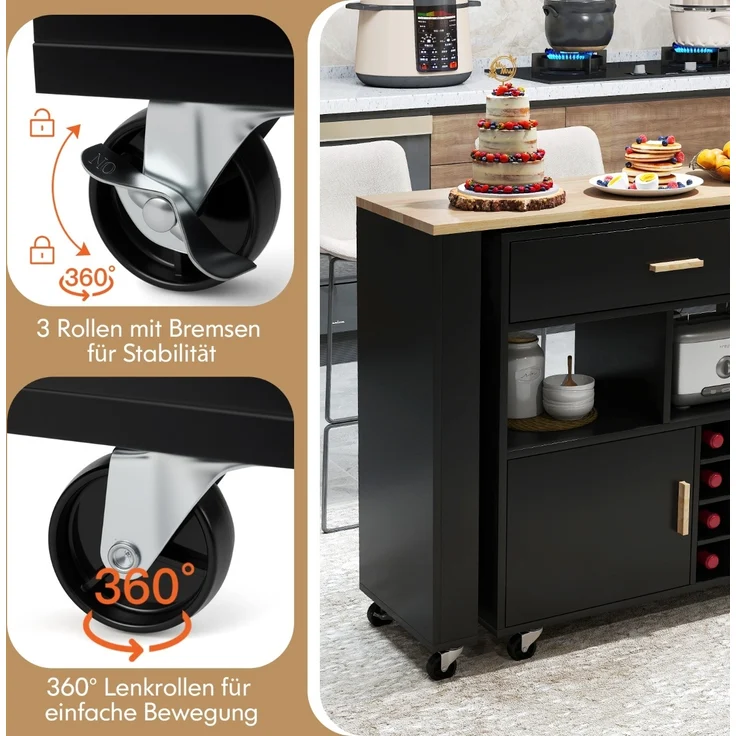 Küchenwagen & Bartisch mit Verstellbarem Regal & Schublade & Gewürzregal & Weinregal Schwarz – Bild 3