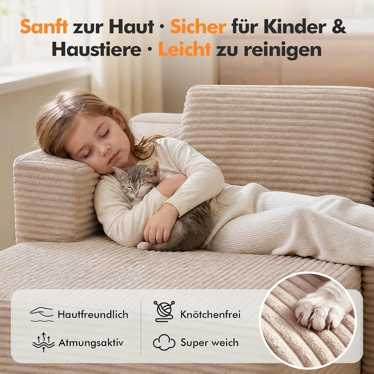 COMHOMA Ecksofa mit Schlaffunktion, 228cm Corduroy Modulares Boneless Couch mit Chaiselongue & Rücken-Metallgestell, L-Form Schlafsofa mit offenem Design, Kissen & Seitentaschen,für Wohnzimmer, Beige-R – Bild 10