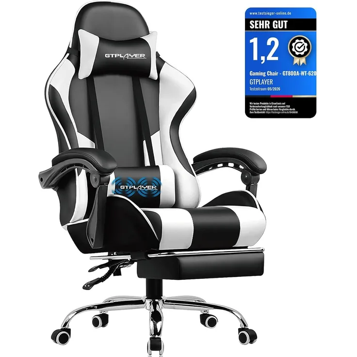 GTPLAYER Bürostuhl Gaming Stuhl Massage Gaming Sessel Ergonomischer Gamer Stuhl mit Fußstütze, Kopfstütze Massage-Lendenkissen, Gepolstert Gaming Chair, Drehsessel Weiß