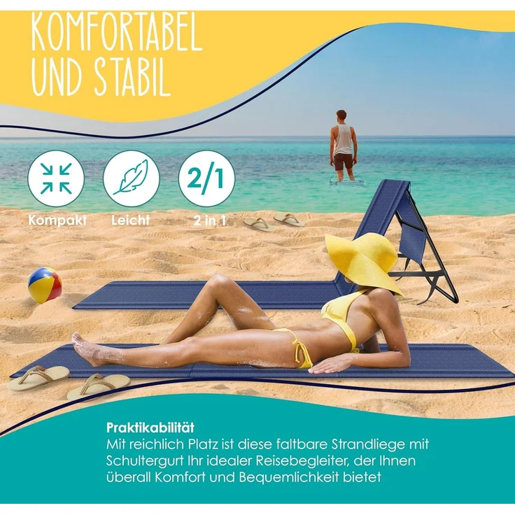 KESSER® Klappbare Strandmatte mit Verstellbarer Rückenlehne – Faltbare Strandliege mit Tragegurt, wasserdichter Tasche & Aufbewahrung – Sonnenliege für Strand, Garten & Terrasse 130 kg belastbar – Bild 3