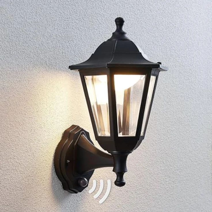 Lindby Iavo LED Wandleuchte außen mit Bewegungsmelder, spritzwassergeschützt, Retro Vintage Antik in Schwarz, 1-flammig – Bild 2