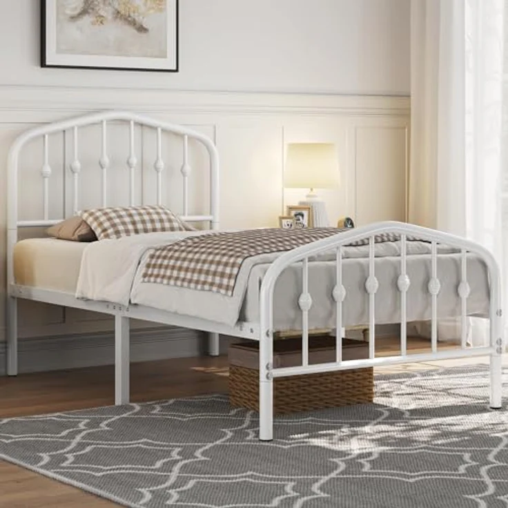 Yaheetech Bettrahmen 90 x 190 cm, Vintage Metallbett mit kronenförmigem Kopfteil, Stabiles Bettgestell Einzelbett aus Metall, Robust & Leichte Montage Gästebett Jugendbett Tagesbett, Weiß – Bild 4