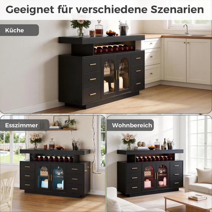 Weinschrank 140 x 40 x 82 cm aus MDF mit 6 Schubladen, Bogenglastüren und RGB-LED-Beleuchtung – Bild 9