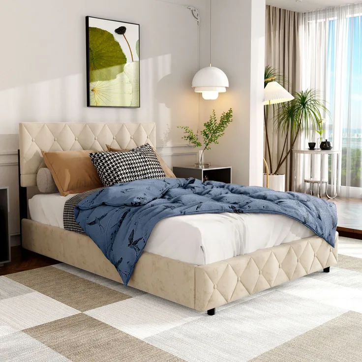 Polsterbett aus Kunstleder mit Aufbewahrungsbox & Lattenrost, ohne Matratze, 140x200 cm, Beige