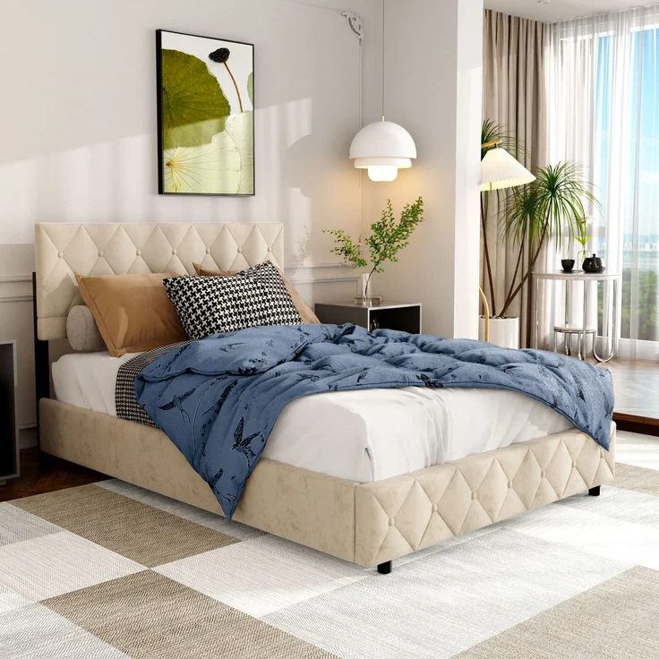 Polsterbett aus Kunstleder mit Aufbewahrungsbox & Lattenrost, ohne Matratze, 140x200 cm, Beige – Bild 1
