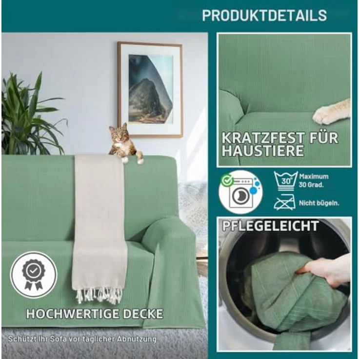 ECOMMERC3 Mehrzweck-Tagesdecke, 100% Baumwolle, Größe 300 x 260 cm, Grün, für Sofa und Bett – Bild 3