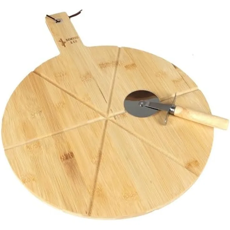 Bambou&Co Pizzaschneidebrett 2-tlg. Set Pizzabrett mit Pizzaschneider Pizza-Schneidebrett Brett, Bambus, (Pizzaset / Pizzaschneidset, Rollschneider + Rundbrett), rundes Brett mit Einkerbungen für gleichmäßigen Schnitt