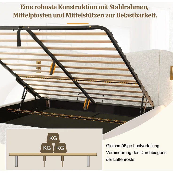 Polsterbett mit LED-Beleuchtung, extra breites Kopfteil mit Spots und USB Anschlüssen, 180x200 cm, gepolsterter Kopfteil, Doppelbett, Frottee – Bild 4
