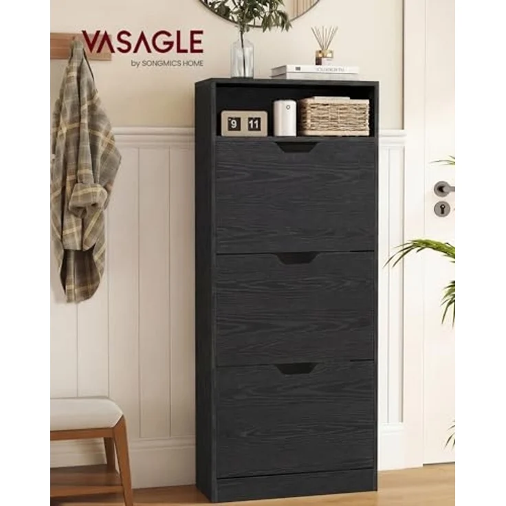 Vasagle Schuhschrank 3 Klappen, Schuhkipper, Schuhregal, Schuhaufbewahrung, offenes Fach, Trennwand verstellbar, für 14-18 Paar Schuhe, Flur, 24 x 60 x 139 cm, ebenholzschwarz LBCDE046B03 – Bild 2