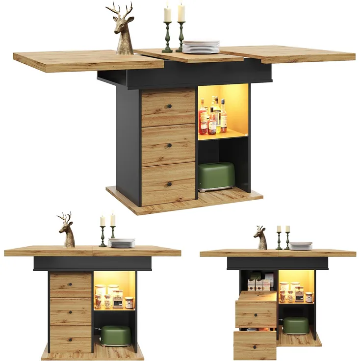 Abrihome Ausziehbarer Esstisch 110-140x80 cm für 4-6 Personen mit LED, Schwarz