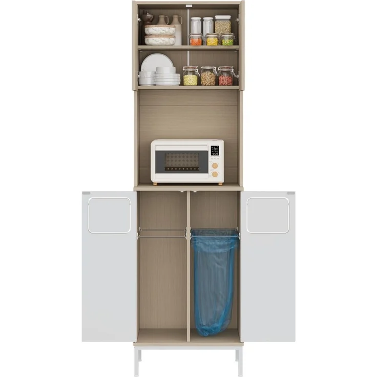 MODFU Küchenbuffet Integriertes Mikrowellenfach & Mülltrennung, verstellbare Böden (Packung, 1-St, 181 cm hoher Müllsammelschrank in Weiß/Holzoptik, 53x35 cm) Vielseitiger Vorratsschrank für Haushaltsgeräte & Abfallsysteme – Bild 4