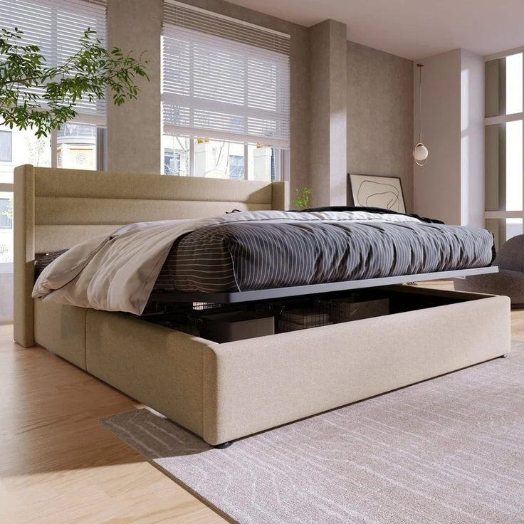 Odikalo Stauraumbett Polster Doppelbett 140/160/180 Lattenrost mit/ohne Matratze Beige/Grau – Bild 2