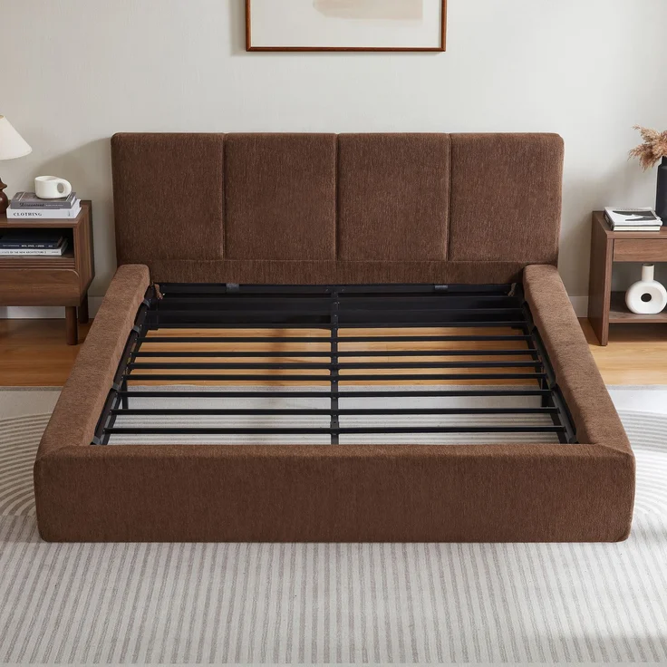 LVHOM Polsterbett 160 x 200cm, Doppelbett mit gepolstertem Kopfteil, Bettgestell mit verstärktem Stahlrahmen, Chenille, Braun – Bild 8