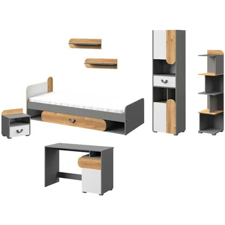 Jugendzimmer-Set komplett Carina 7-teilig graphit hell weiß Nash Eiche