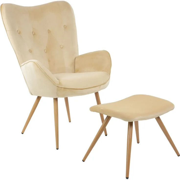 Albatros Ohrensessel mit Hocker YORK, Samt Bezug, bequem gepolstert, Fernsehsessel, Polstersessel, Farbe Ohrensessel:Beige