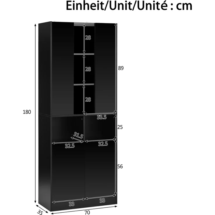 DESVIAE Garderobenschrank Hochschrank Schwarz aus MDF/Spanplatte – 70x180x35 cm – LED-Beleuchtung, Acryl-Sichtfenster – Bild 10