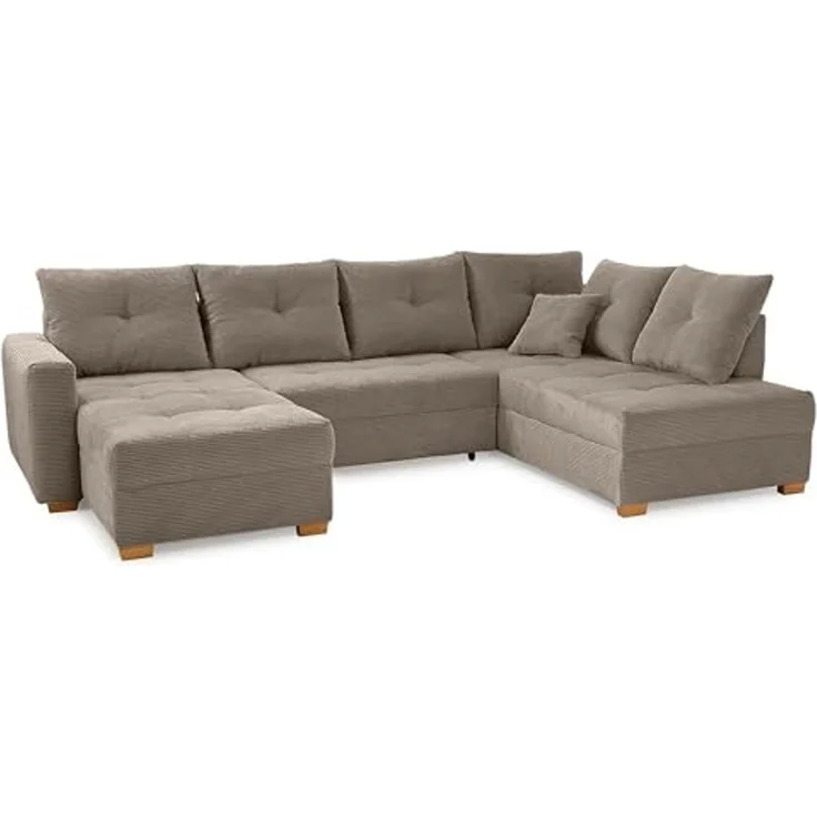Wohnlandschaft U-Form Sofa groß Schlaffunktion Couch Bettkasten Cord Braun Taupe – Bild 7