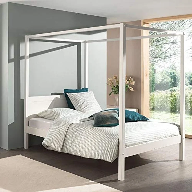 Himmelbett Alysa Vipack inkl. Rolllattenrost + Himmelgestänge Kiefer massiv FSC zertifiziert 140×200 cm Weiß – Bild 4