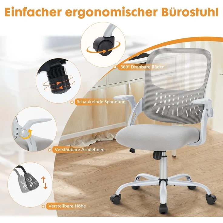DUMOS Bürostuhl Ergonomisch, Schreibtischstuhl mit Lendenwirbelstütze, Verstellbaren Armlehnen Drehstuhl, Höhenverstellbarer Office Chair, Bürostühle Geeignet für Büro und Schlafzimmer (Grau) – Bild 5