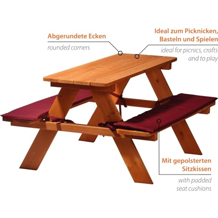 dobar® Picknicktisch für Kinder, Sitzbank aus Massiv-Holz mit 2 Sitzauflagen, wetterfest, FSC-zertifiziert, 89 x 79 x 50 cm, Braun/Rot – Bild 4