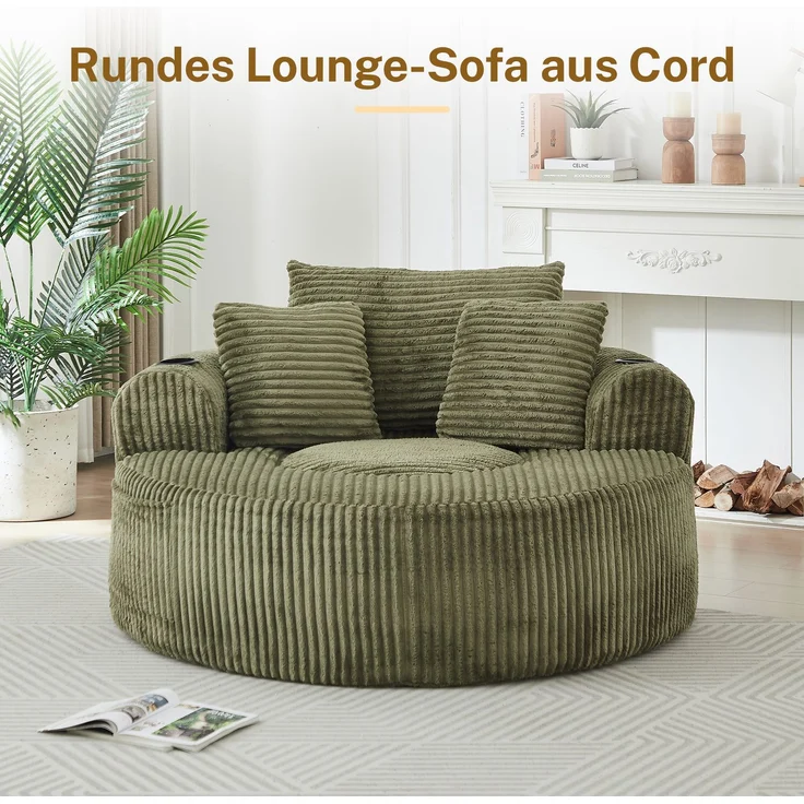 Rundes Loungesofa aus Cord, Einzelsitz Sitzsack Liegestuhl mit 3 Kissen, 2 Getränkehaltern, Seitenaufbewahrung, Rutschfest, Bequemes Relaxsofa für Wohnzimmer Schlafzimmer--Grün--146x29x32cm--YOUDENOVA – Bild 2
