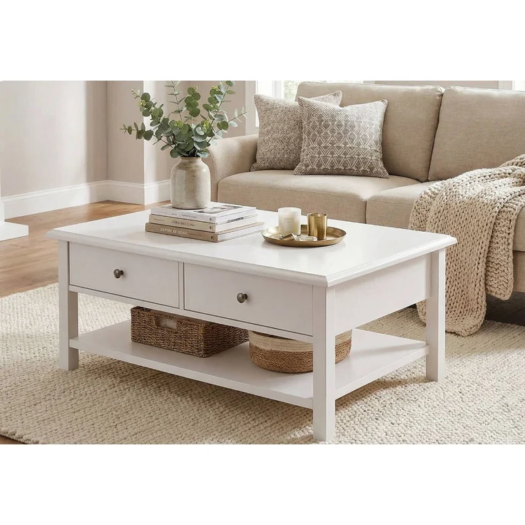 moebel-dich-auf Couchtisch AARHUS (weiß, im Landhausstil), 2 Schubkästen, 1 Ablageboden, 102 cm breit – Bild 5