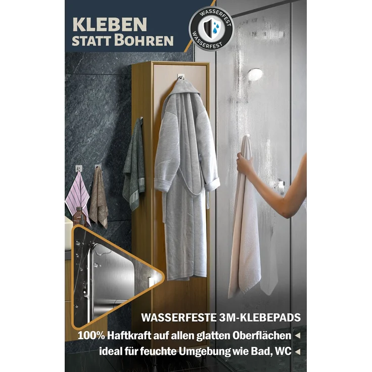 Lindenstein Handtuchhaken 4er-Set Silber – Edelstahl V2A, selbstklebend mit 3M-Pads – Bild 4