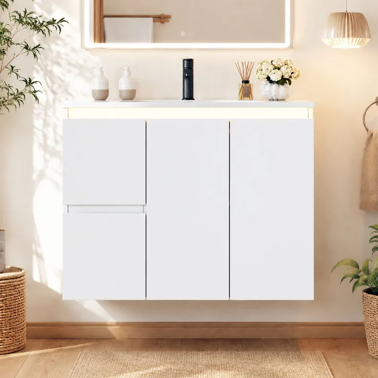 76*47*57cm, wandmontierter Waschtisch, komplett lackiert, LED-Radarsensorleuchte, Soft-Close-Scharniere, integriertes Waschbecken, weiß.