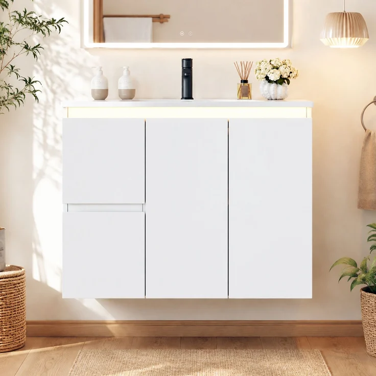 76*47*57cm, wandmontierter Waschtisch, komplett lackiert, LED-Radarsensorleuchte, Soft-Close-Scharniere, integriertes Waschbecken, weiß. – Bild 1