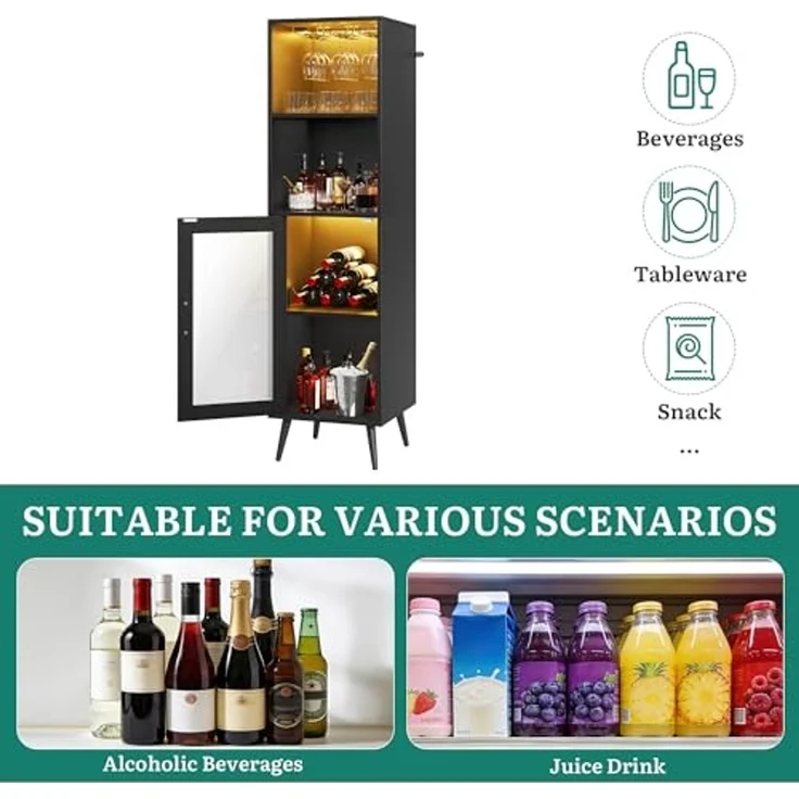 YITAHOME Barschrank mit verstellbaren LED-Lichtern, Kaffeebar mit Weinregal & Haken & Acryl-Türschrank, Küche Buffet Sideboard für Home Bar/Esszimmer/Wohnzimmer, Schwarz – Bild 5
