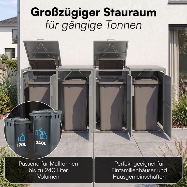 STEELSØN 'Thoria' Mülltonnenbox 4er je 240 Liter, grau, Mülltonnenverkleidung aus Stahl, wetterfest, 116x80x268 cm, Müllbox für 4 Tonnen – Bild 2