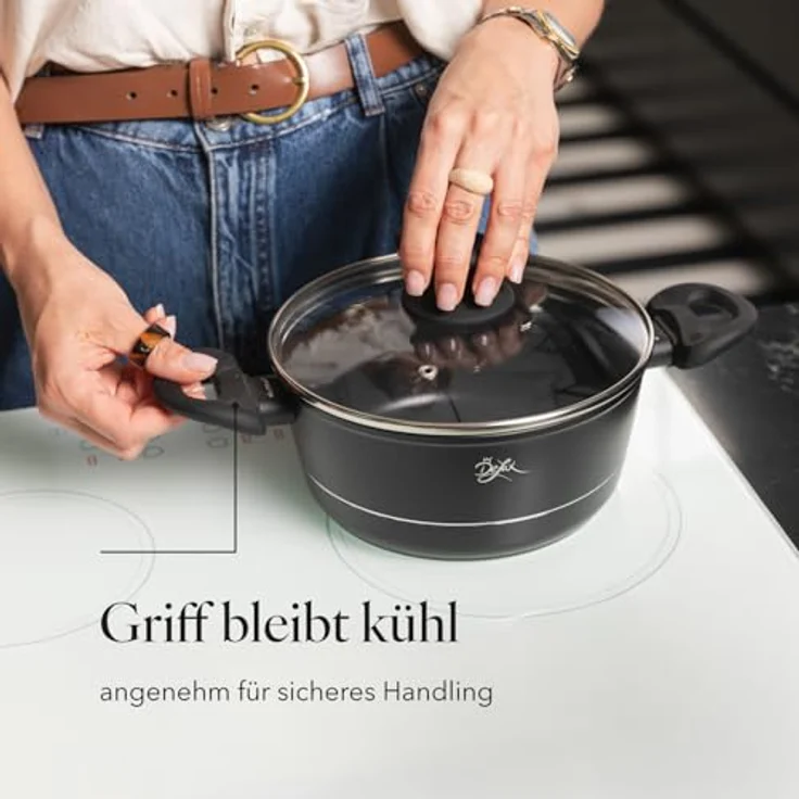 FLORINA Aluminium Topf (2,1 l) 20 cm I Kochtopf DELUX mit Glasdeckel I Messbecher & Antikratz-Beschichtung I Topf mit Induktionsboden I Geeignet für Induktionsherd, Gasherd und Elektroherd (Schwarz) – Bild 8