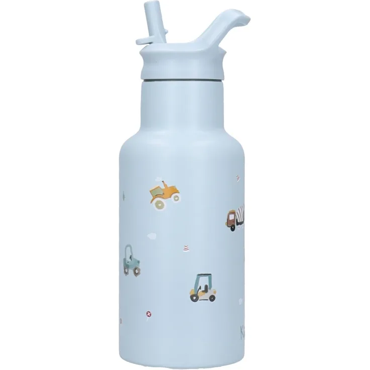 Kidzroom Little Story Edelstahl Trinkflasche Kinder 350 ml mit Strohhalm Fahrzeug Motiv für Schule und Kita