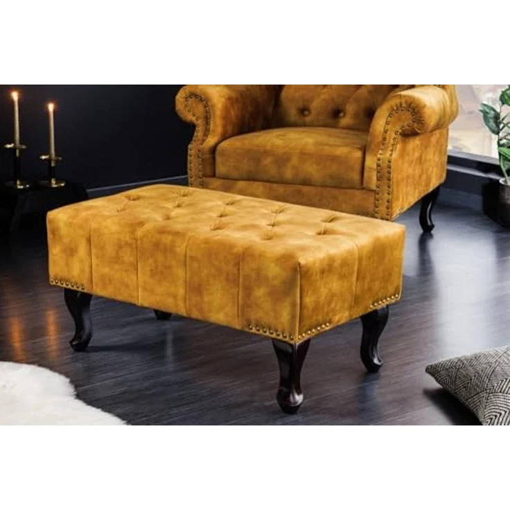 riess-ambiente Fußhocker CHESTERFIELD 80cm senfgelb / dunkelbraun (Einzelartikel, 1 St), Wohnzimmer · Samt · Wellenunterfederung · Chesterfield Design – Bild 3