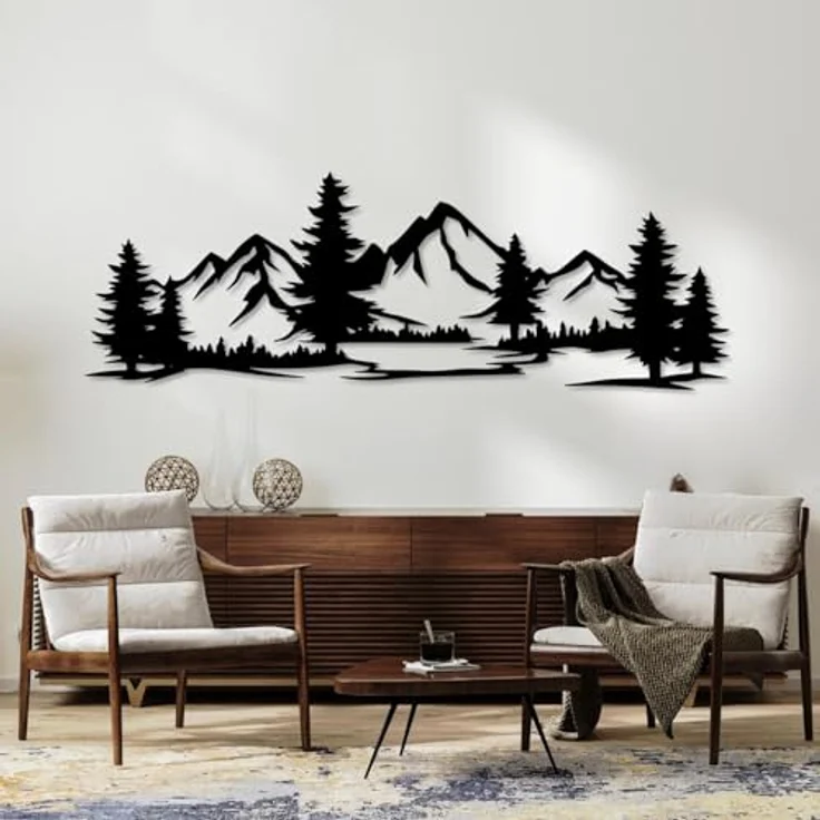 Eyoka 3D Wandbild Berge mit Wald, stilvolle MDF Wanddekoration in Schwarz, modernes Naturmotiv für Wohnzimmer, Schlafzimmer, Büro oder Flur (67x23cm) – Bild 2
