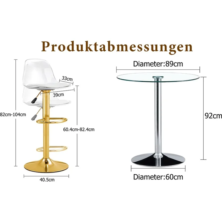 Flexibles Bar-Set: 89 cm Glastisch + 2 Hocker mit goldfarbenen Beinen, höhenverstellbar & drehbar. • Transparente Optik • 360°-Drehung • Vielseitig nutzbar. Schafft visuelle Weite und spart Platz, Flexibles Bar-Set: 89 cm Glastisch + 2 Hocker mit goldf... – Bild 3