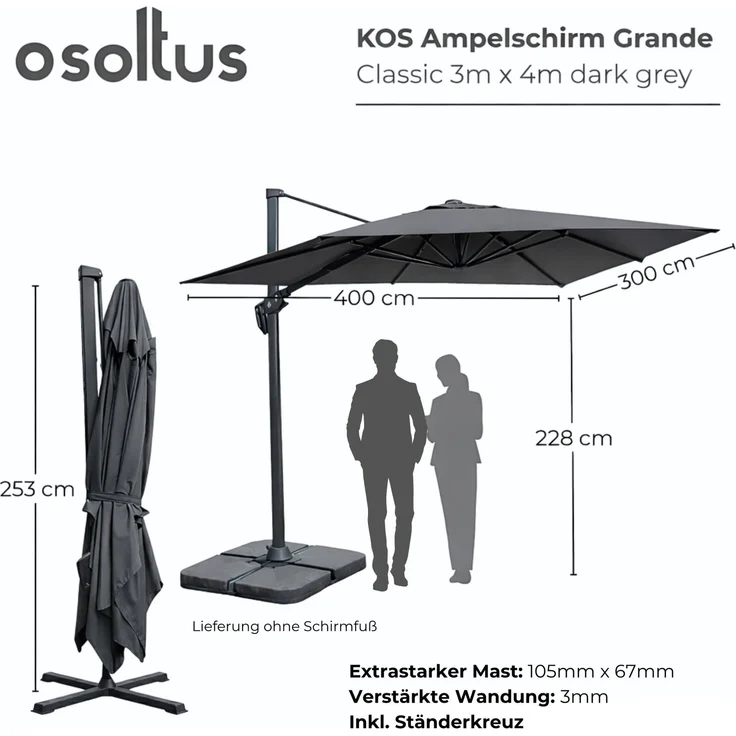 osoltus KOS Ampelschirm Alu Grau 400x300cm axial schwenkbar – Bild 3