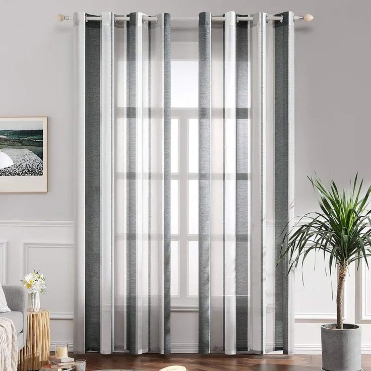 MIULEE Voile Gardinen Dunkelgrau-Weiß mit Ösen 2er Set 140x260 cm | Halbtransparenter Voile mit Streifenmuster für Wohnzimmer, Schlafzimmer und kleine Fenster.