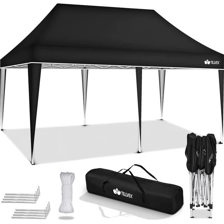 tillvex Pavillon 3x6m Schwarz wasserdicht | Pop-Up Faltpavillon höhenverstellbar | Gartenzelt UV Schutz 50+ | Partyzelt mit Tasche für Garten – Bild 6