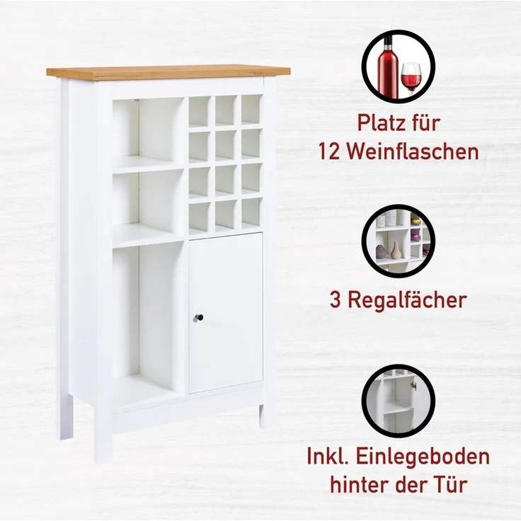 Inter Link- Sideboard für 12 Flaschen mit 3 Regalböden und 1 Tür – Weinschranck - Highboard - Küchenschrank - Buffetschrank – für Weinlagerung - Artisan Eiche Weiß - Julina – Bild 3